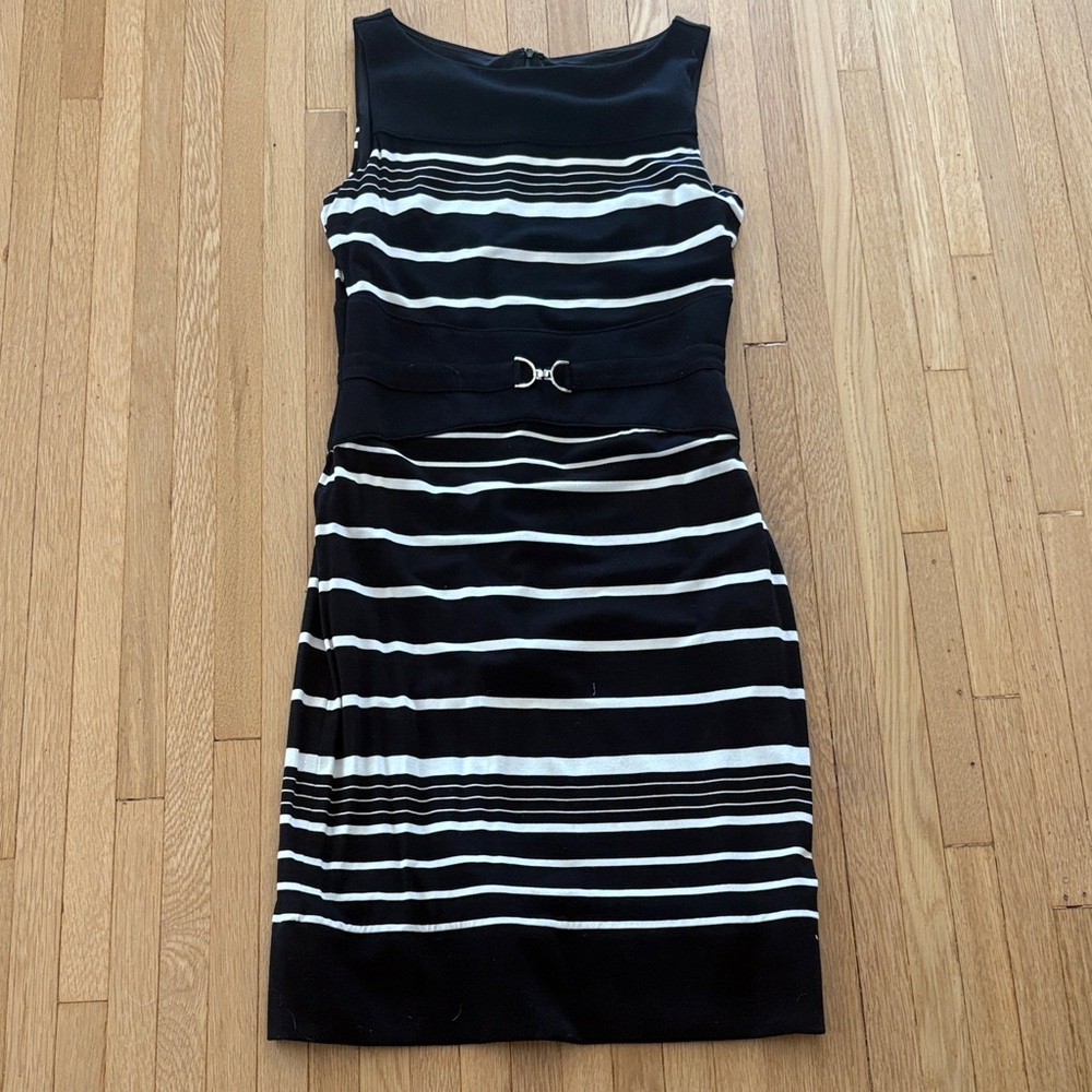 White House Black Market Black & White Striped Sheath Dress with Waist Accent